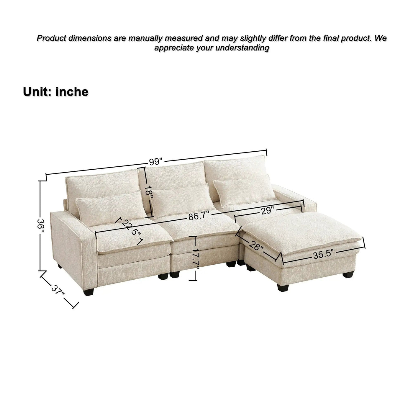 Modern Comfy L Shaped Sectional Sofa With Movable Ottoman by HouseOfZazla
