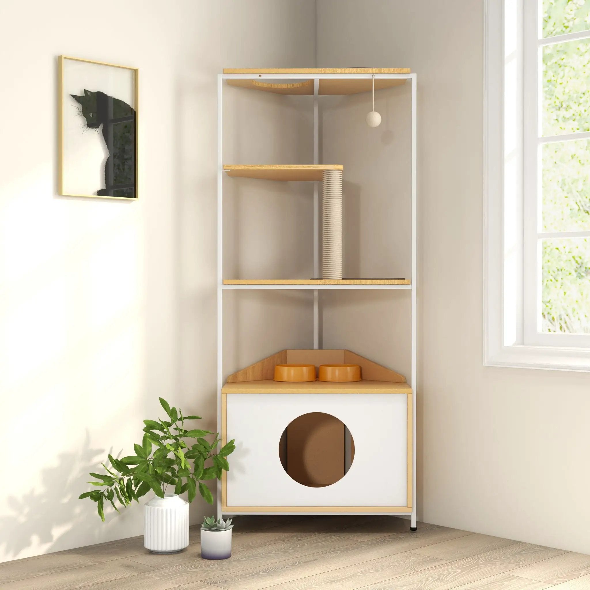 Corner Cat Tower, Cat Tree With Scratching Post, Cat Condo With Feeding Station And Climbing Platforms, Pet Furniture For Indoor Cats - White / Light Oak by HouseOfZazla