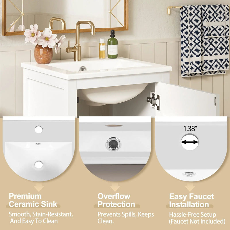 Bathroom Vanity With Ceramic Sink, Soft Close Drawers, Door Organizer, Divider Drawer, Adjustable Foot Pads by HouseOfZazla