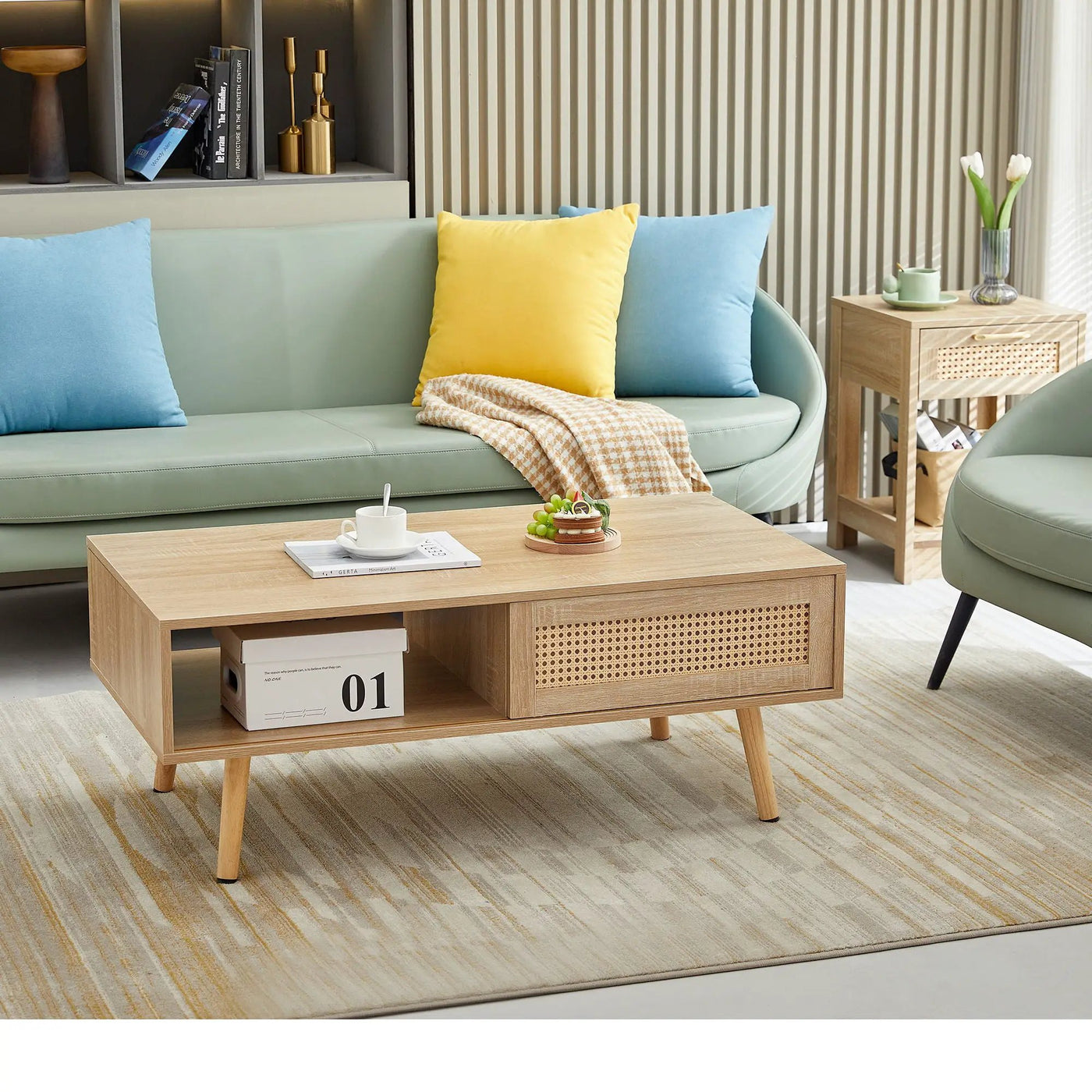 41.34" Rattan Coffee Table, Sliding Door For Storage, Solid Wood Legs, Modern Table For Living Room by HouseOfZazla