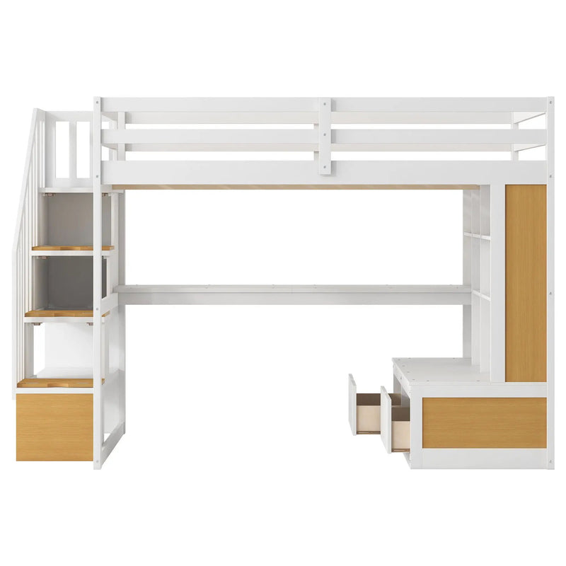 Full Size Loft Bed With Desk And Shelves, 2 Built In Drawers, Storage Staircase - Natural / White by HouseOfZazla