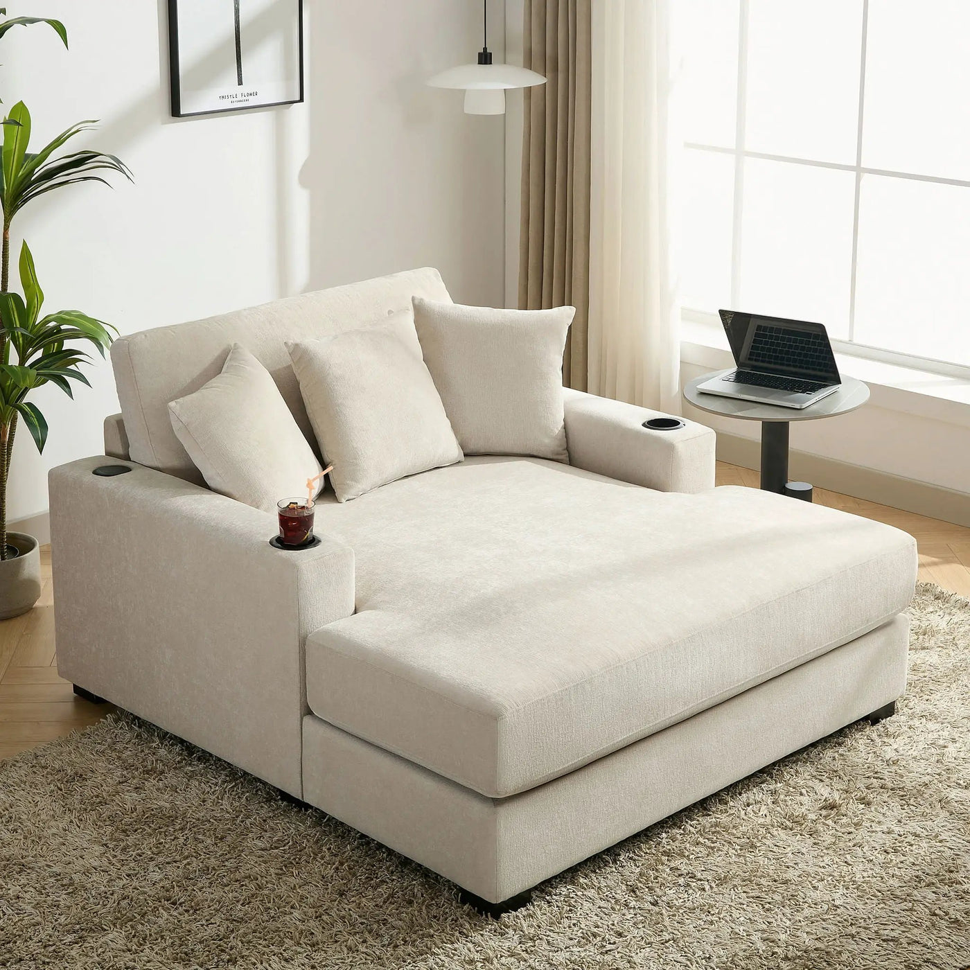Oversized Chaise Lounger Modern Style Sofa Couch With Pillows, Charge Station & Cup Holders by HouseOfZazla