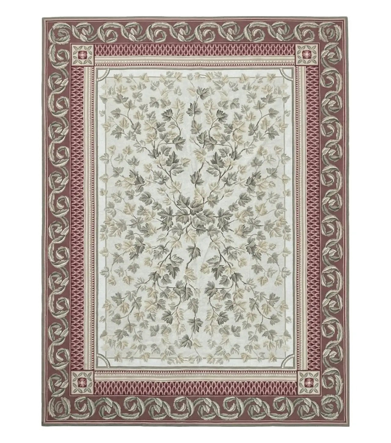 Aubusson Needlepoint Rug 9x12, Flatweave Carpet, Leaves, Wool, New, Handmade by Jewel Rugs