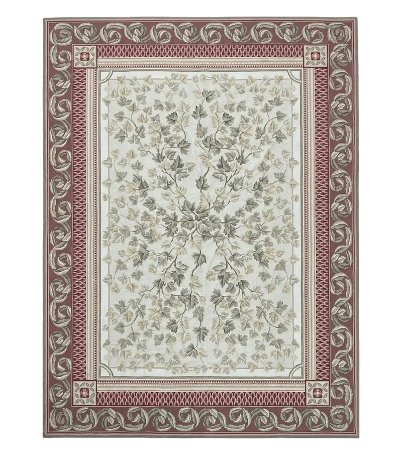 Aubusson Needlepoint Rug 9x12, Flatweave Carpet, Leaves, Wool, New, Handmade by Jewel Rugs