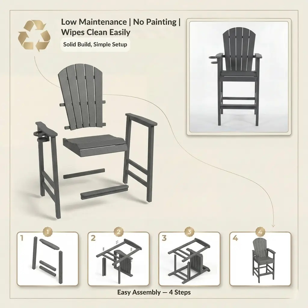 HDPE Bar Height Adirondack Chair with Cup Holder - Gray by HouseOfZazla
