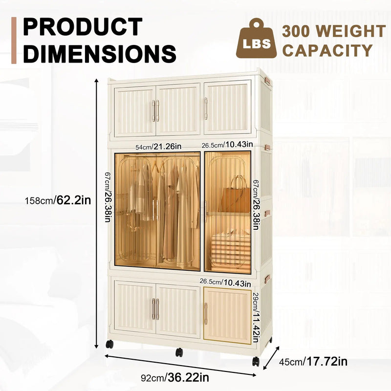 Portable Wardrobe Closet Storage Organizer With 9 Magnetic Doors - Cream White by HouseOfZazla