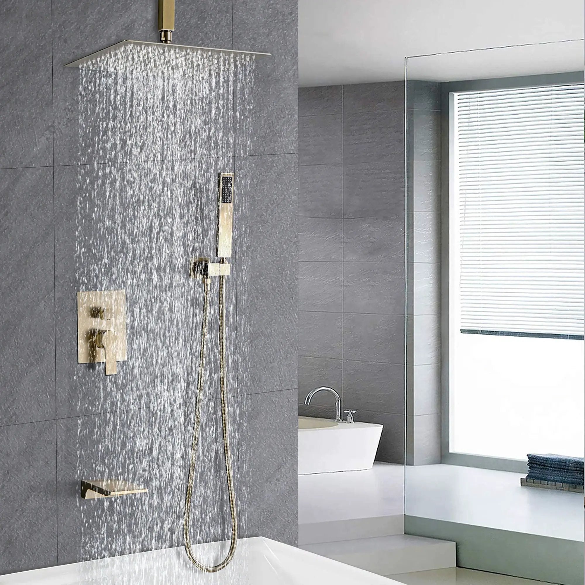 Contemporary Shower System With 12" Rainfall Head And Handheld Spray, Wall Mounted by HouseOfZazla