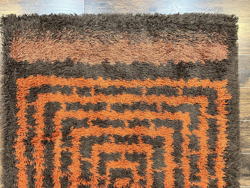 Vintage Rya Shag Rug 4.6 x 6.6, Abstract Design, Brown and Orange, Mid Century Danish Rya Carpet by Jewel Rugs