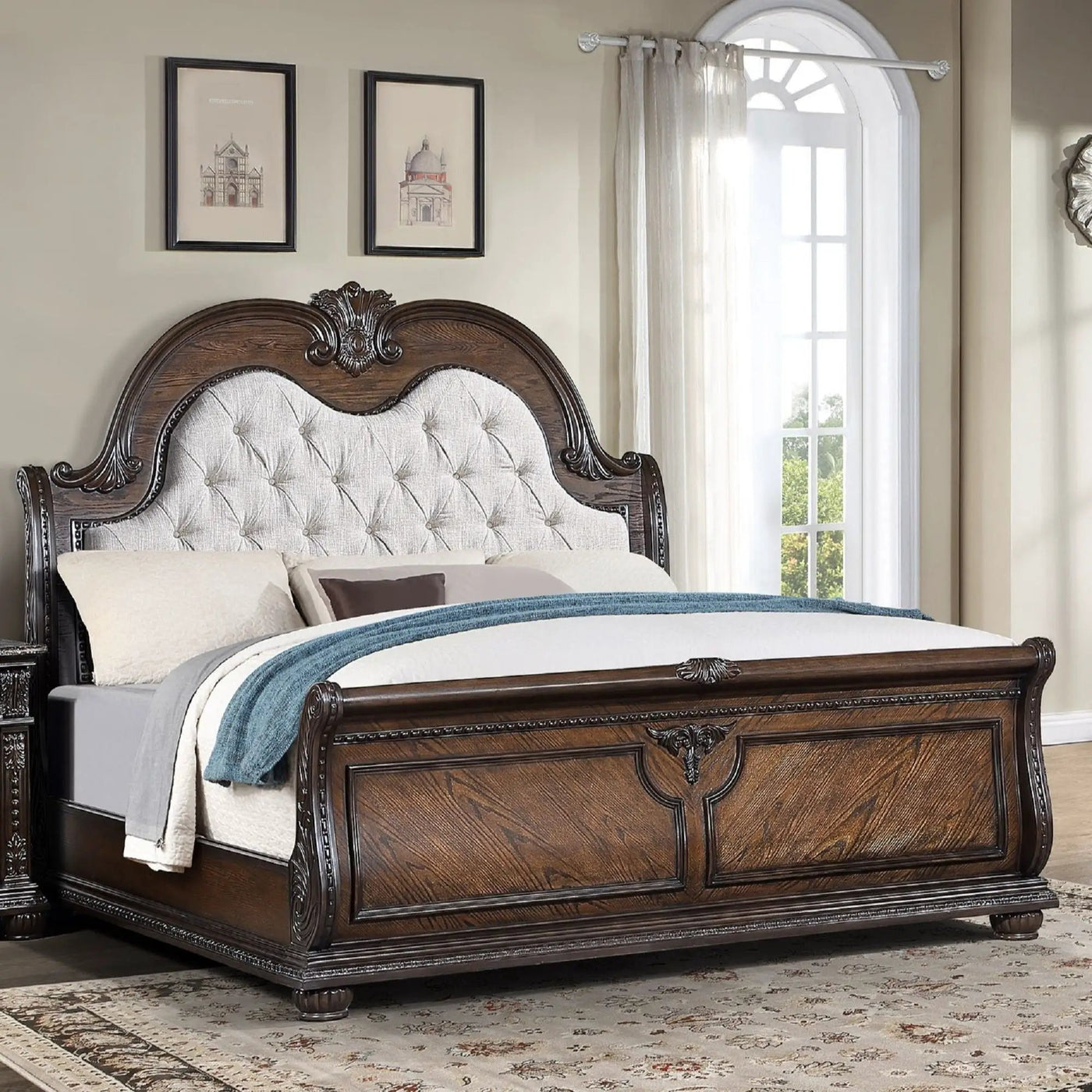Traditional Style Button Tufted Headboard Sleigh Bed by Unique Piece Furniture