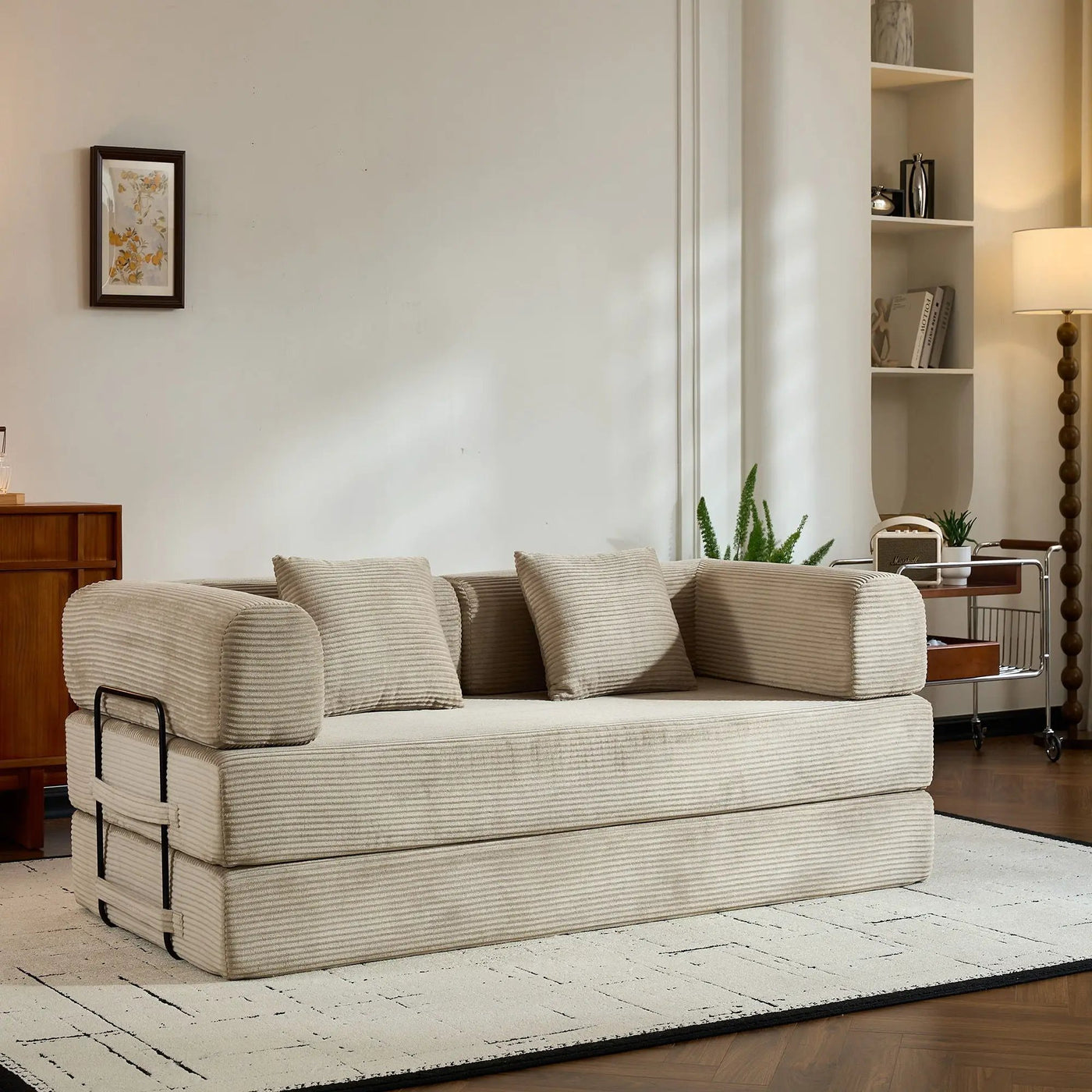 Convertible Sleeper Sofa Bed With Cylindrical Pillow, With Fixed Shape Frame by HouseOfZazla
