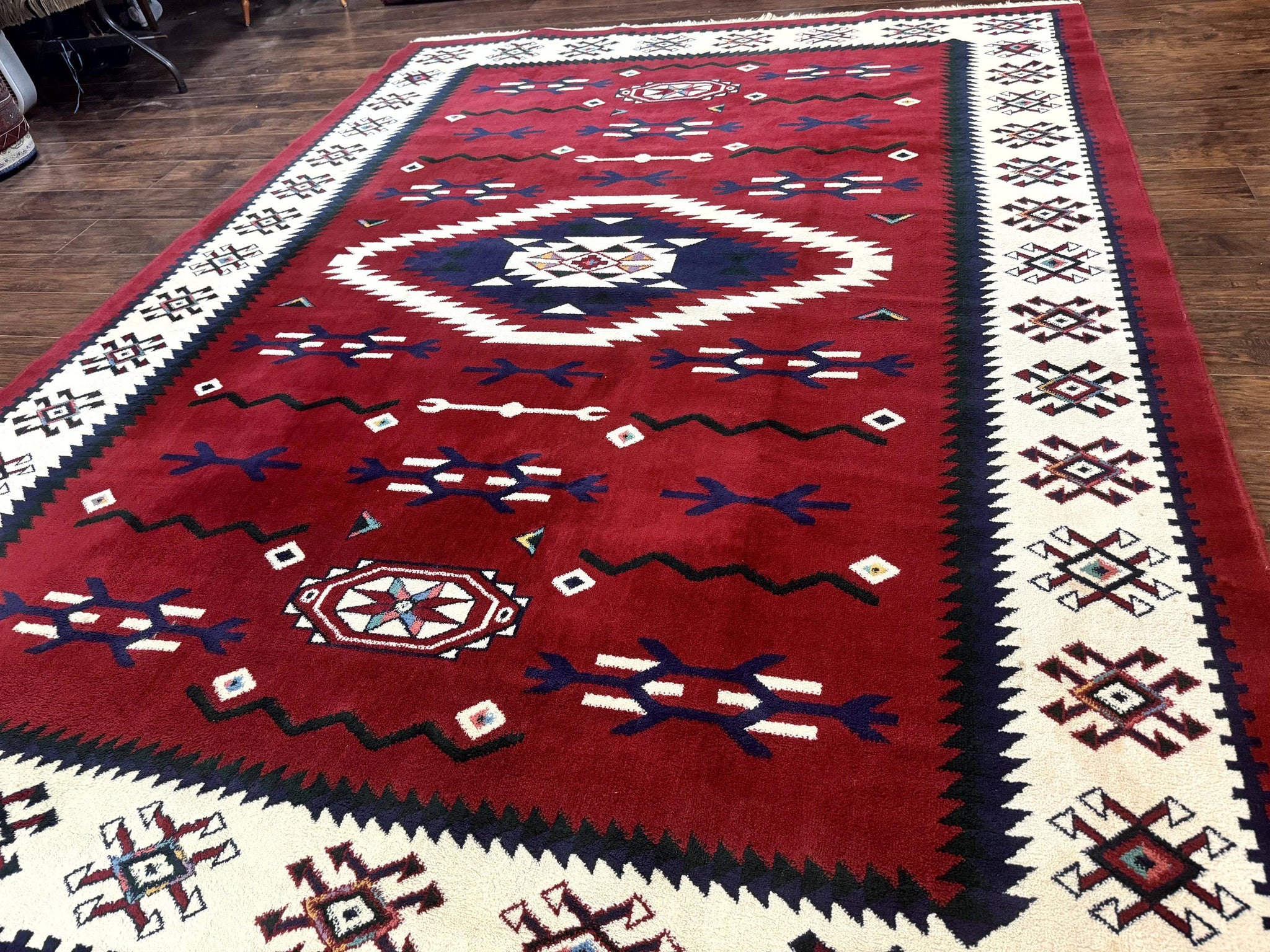 Belgium Power Loomed Rug 8x11, Navajo Native American Design, Dark Red and Ivory, Tribal Rug, Bohemian Carpet by Jewel Rugs