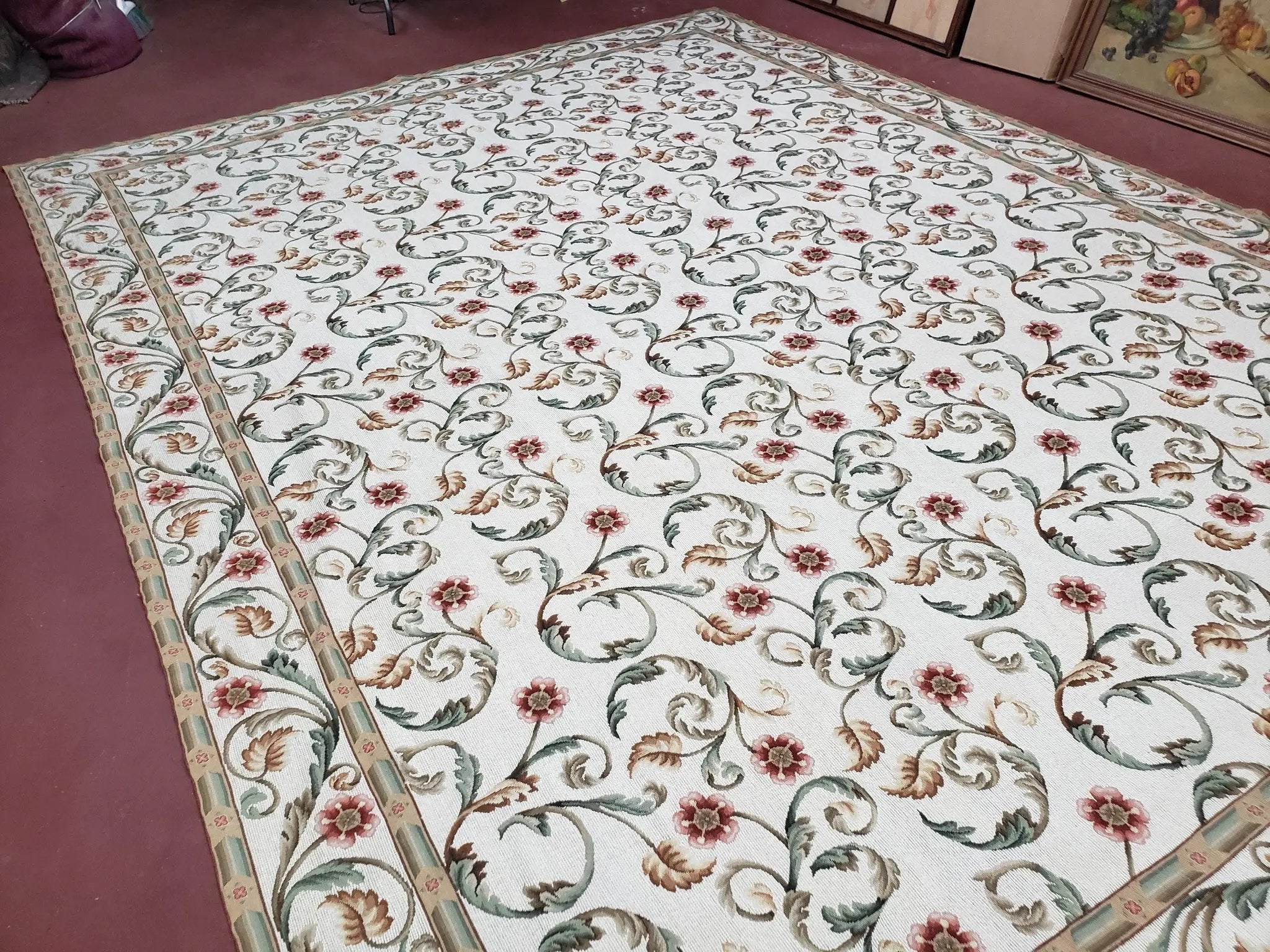 Needlepoint Rug 9x12, European Aubusson Design, Floral Allover Garden Pattern, New Needlepoint Area Rug, Ivory Rug, Hand Woven, Flatweave by Jewel Rugs