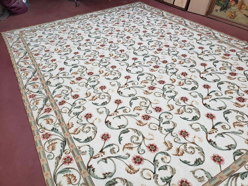 Needlepoint Rug 9x12, European Aubusson Design, Floral Allover Garden Pattern, New Needlepoint Area Rug, Ivory Rug, Hand Woven, Flatweave by Jewel Rugs