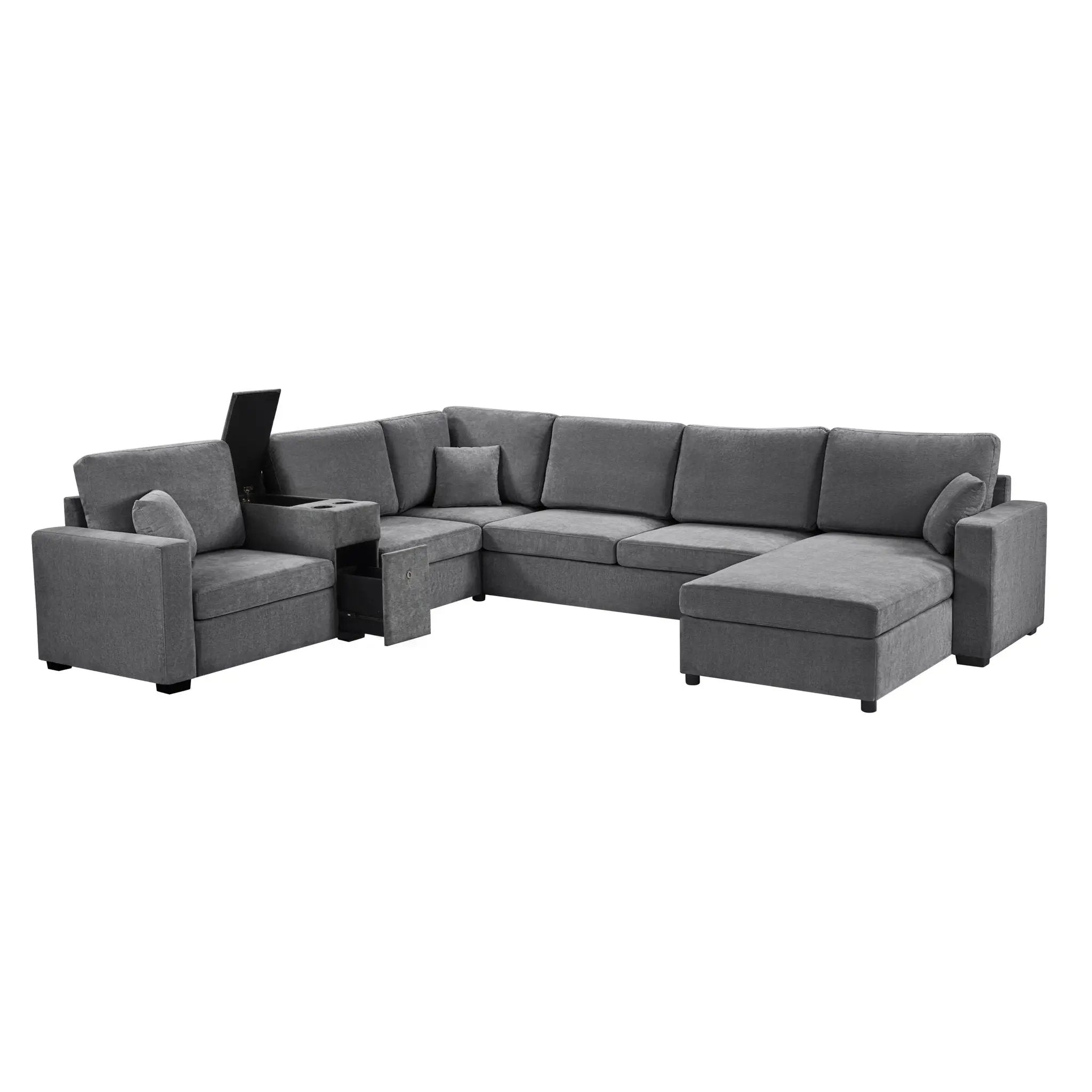 Modular 5 Seat U-Shape Sectional Sofa With Chaise Lounge, Built In Cup Holders And Storage Drawer by HouseOfZazla