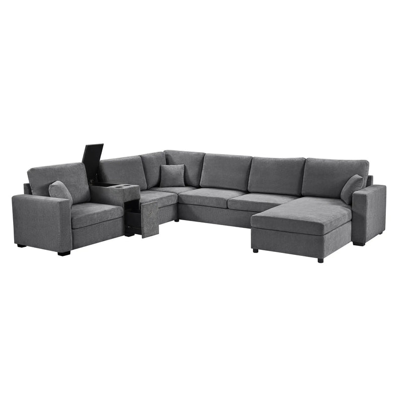 Modular 5 Seat U-Shape Sectional Sofa With Chaise Lounge, Built In Cup Holders And Storage Drawer by HouseOfZazla