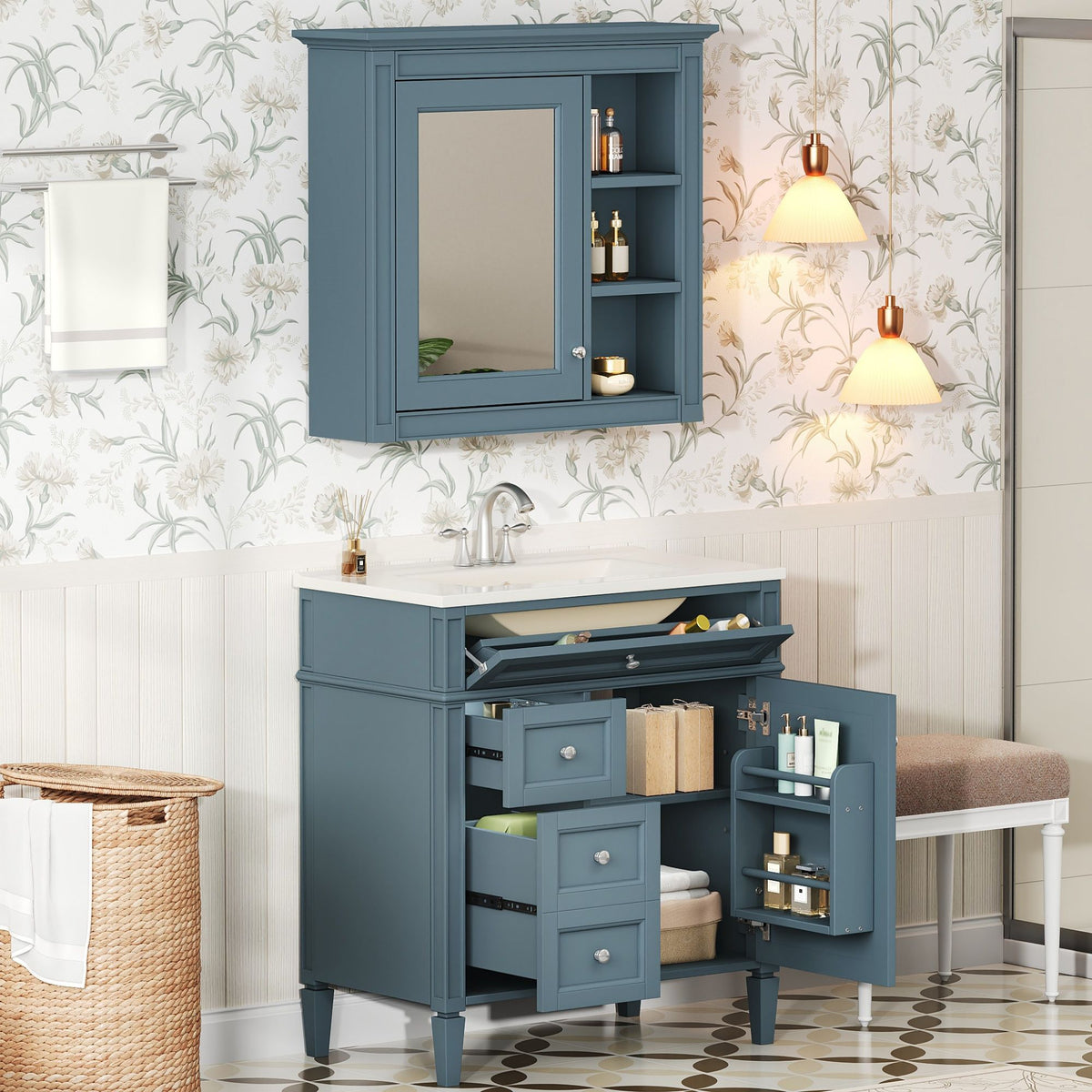 Bathroom Vanity With Medicine Cabinet, Royal Mirror Cabinet, Modern Bathroom Storage Cabinet With 2 Soft Closing Doors And 4 Drawers, photo 40 of 40