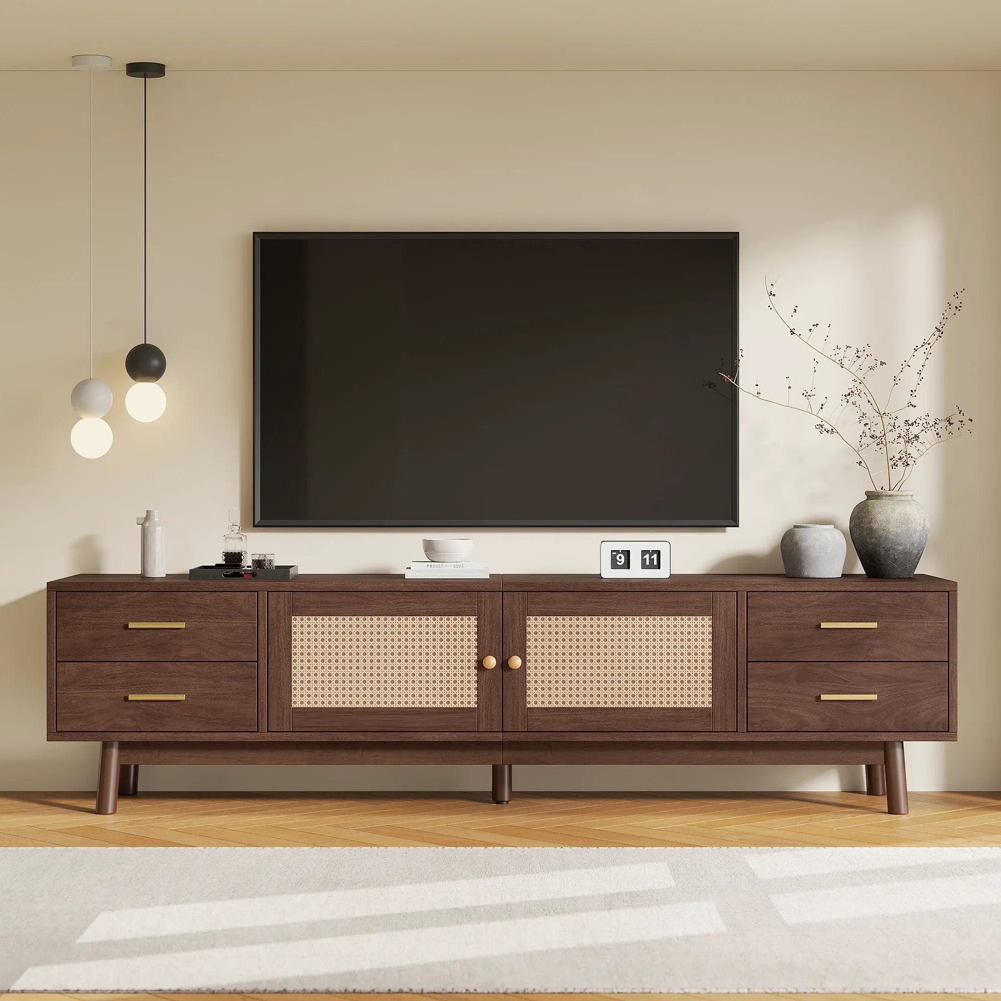 70" TV Stand With Doors For TVs Up To 80", Media Console With 4 Drawers & Cable Holes - Dark Brown by HouseOfZazla