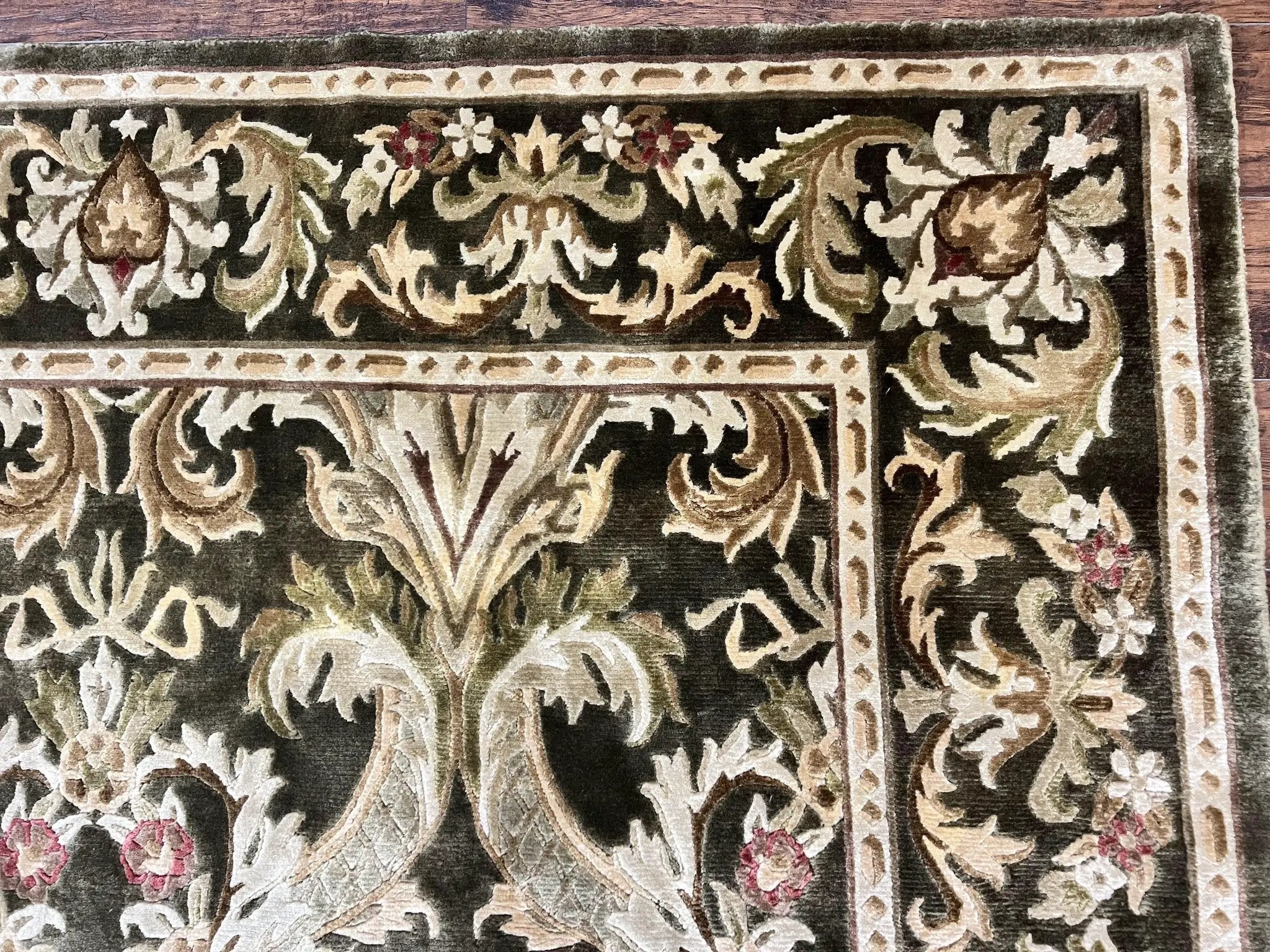 Tibetan Rug 8x10, European Design, Floral, Green, Handmade, Wool, Nepali Rug by Jewel Rugs