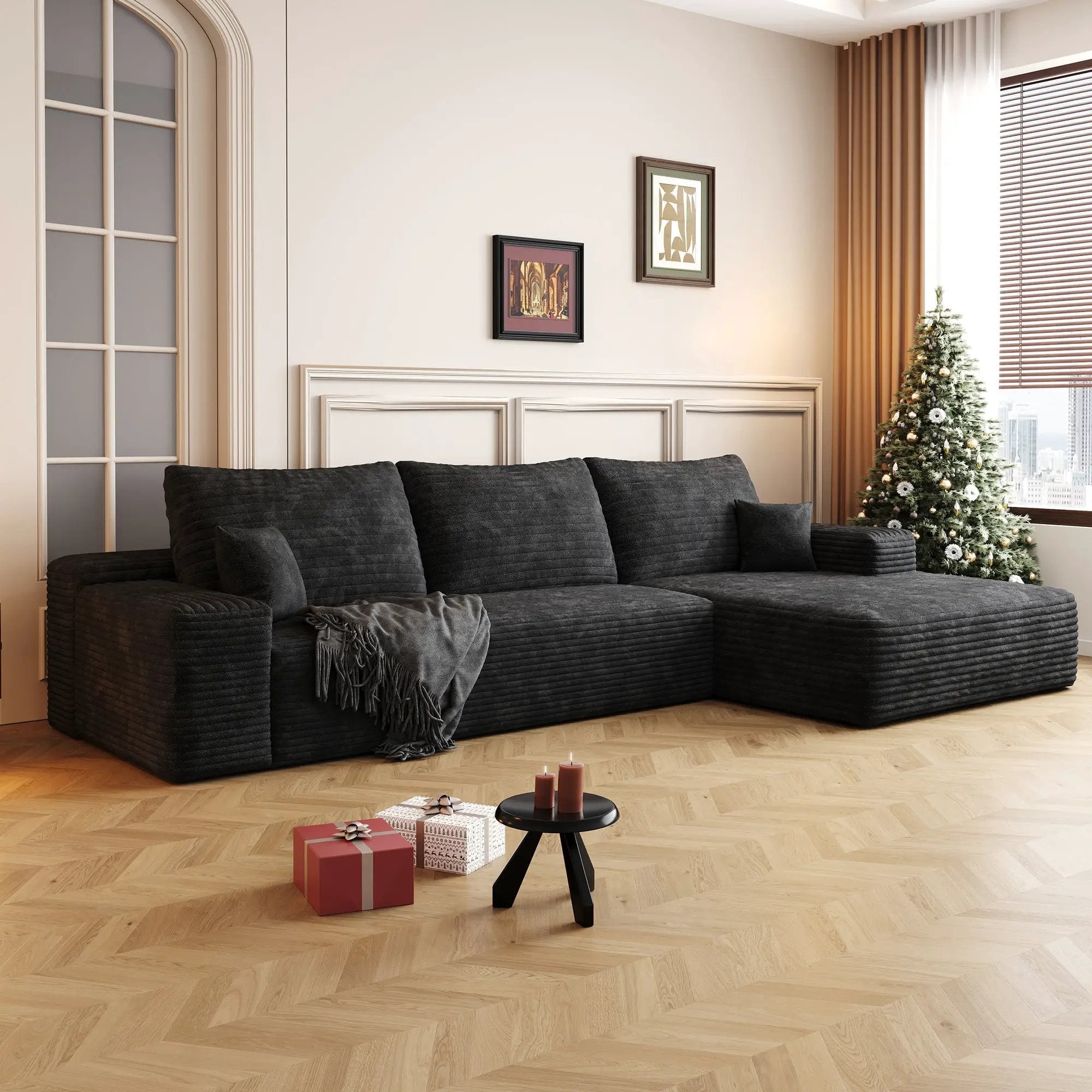 107" Cloud Sectional Couch with L-Shape Chaise, Black Plush Corduroy by HouseOfZazla