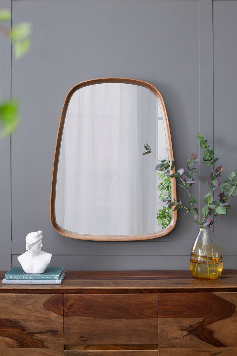 Irregular Wood Frame Wall Mirror with Curved Edges - Brown