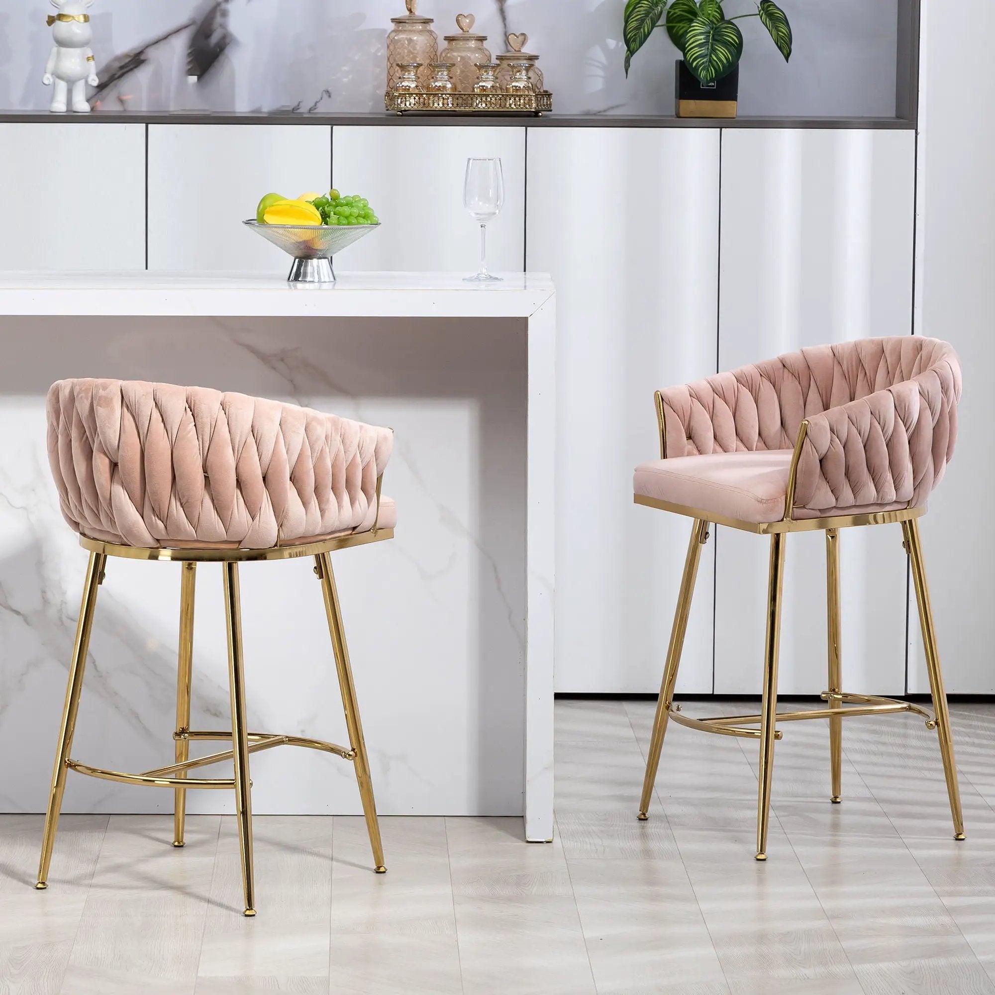 Counter Height Bar Stools Kitchen Island Counter Bar Stool With Hand - Wave Back, Golden Chromed Base And Footrest (Set of 2) - Pink by HouseOfZazla