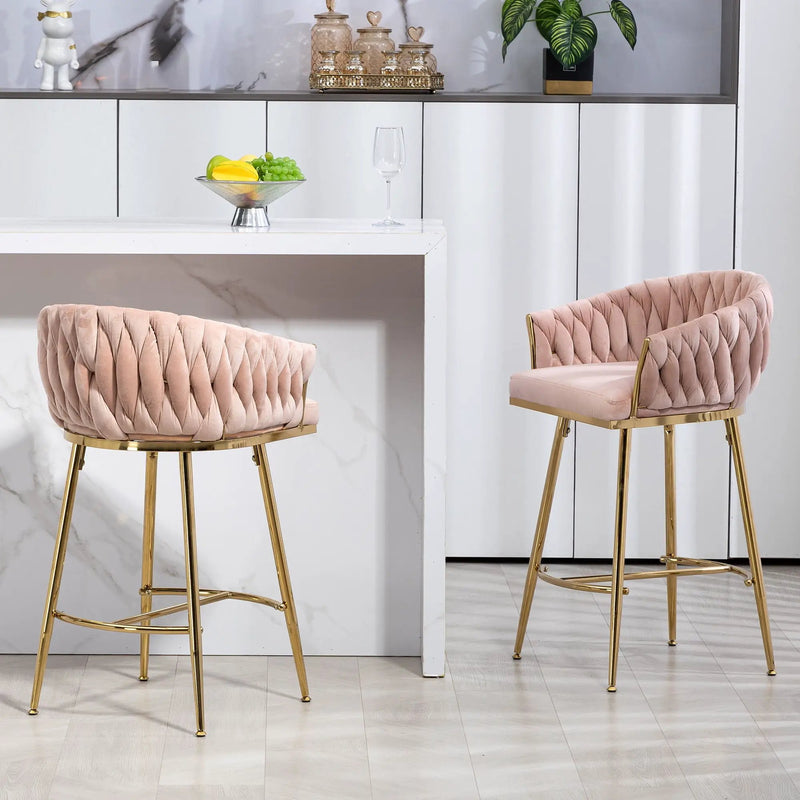 Counter Height Bar Stools Kitchen Island Counter Bar Stool With Hand - Wave Back, Golden Chromed Base And Footrest (Set of 2) - Pink by HouseOfZazla
