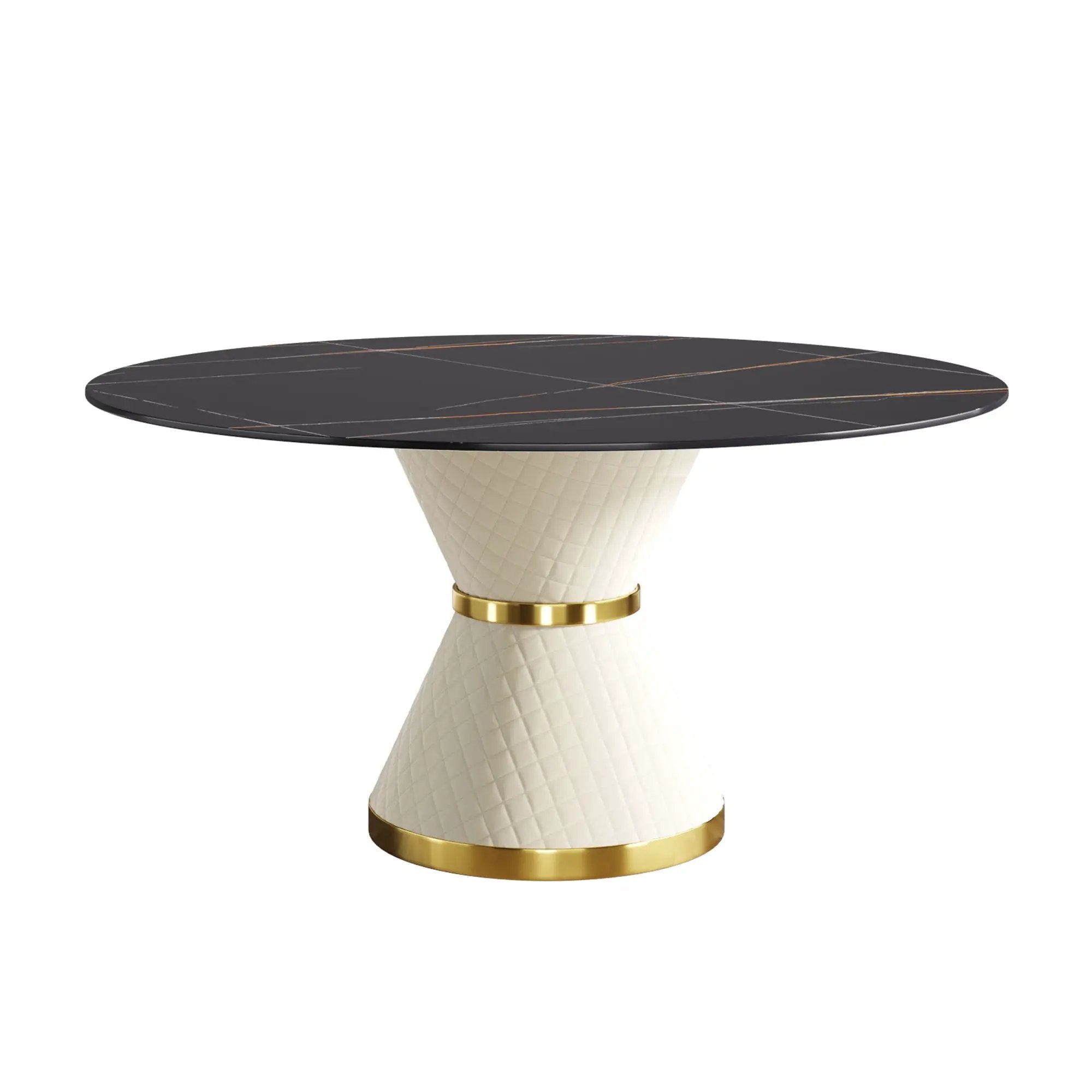 59.05" Modern Artificial Stone Round Carbon Steel Base Dining Table, Can Accommodate 6 People - Black / White by HouseOfZazla