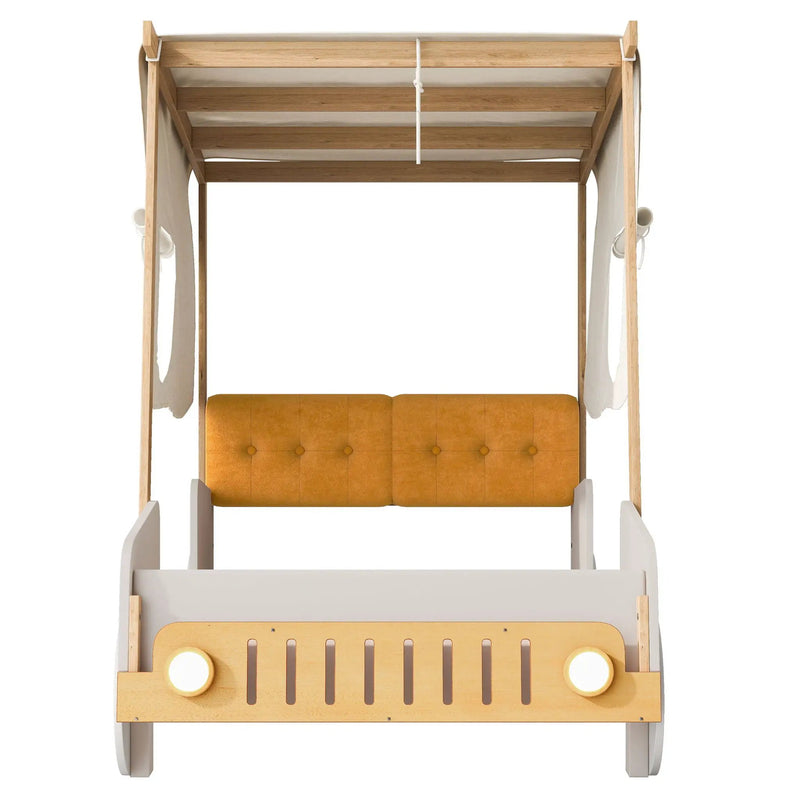 Twin Size Car Bed With Pillow, Ceiling Cloth And LED - Natural by Unique Piece Furniture