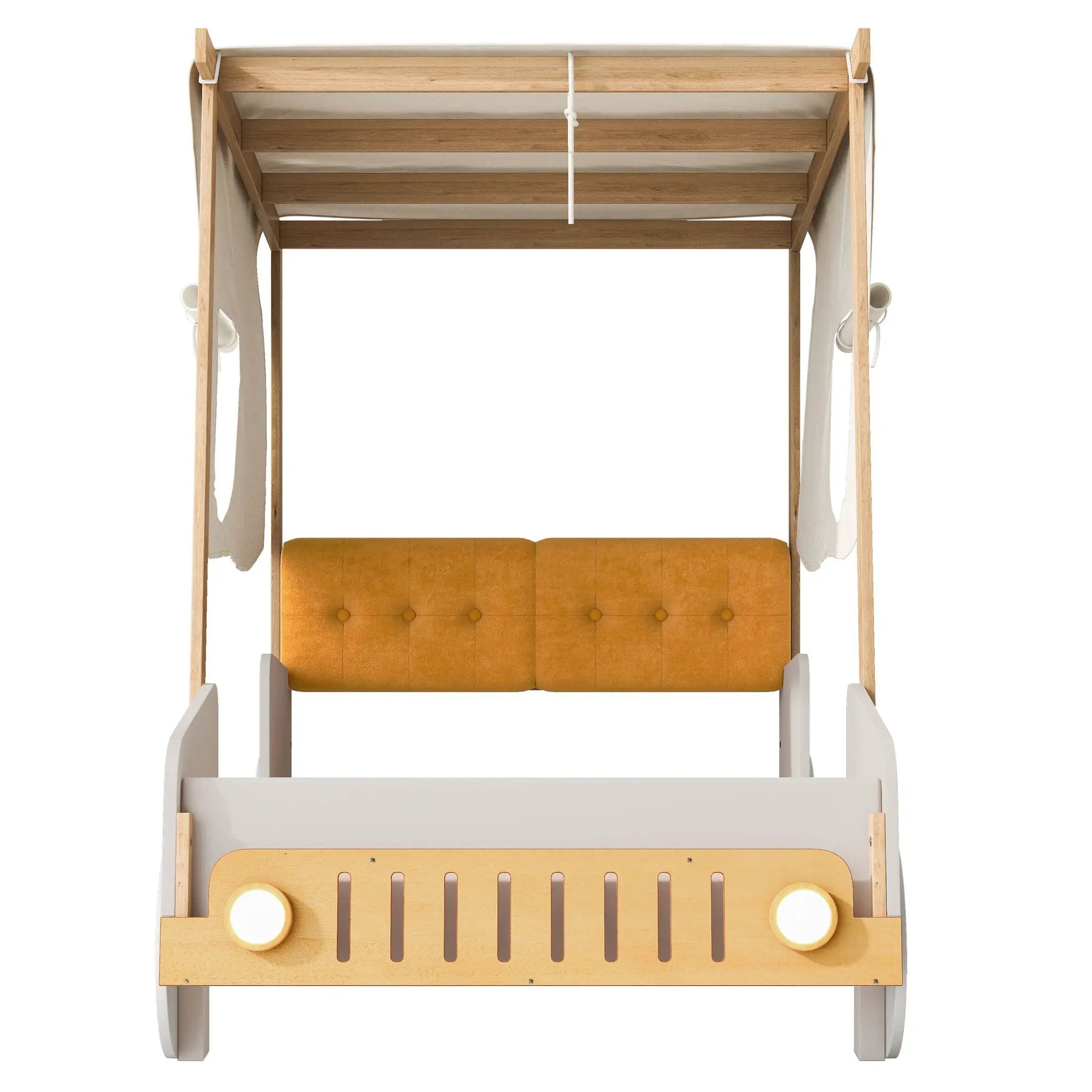 Twin Size Car Bed With Pillow, Ceiling Cloth And LED - Natural by HouseOfZazla