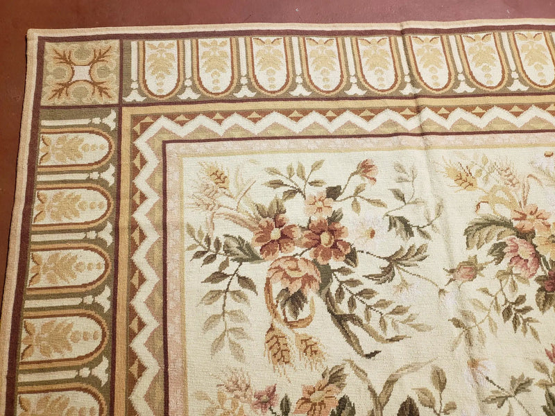 Needlepoint Rug 8x10 Aubusson Rug Victorian Floral Rug Handmade French Style French Decor Garden Panel Beige 8 x 10 Area Rug 100% Wool by Jewel Rugs
