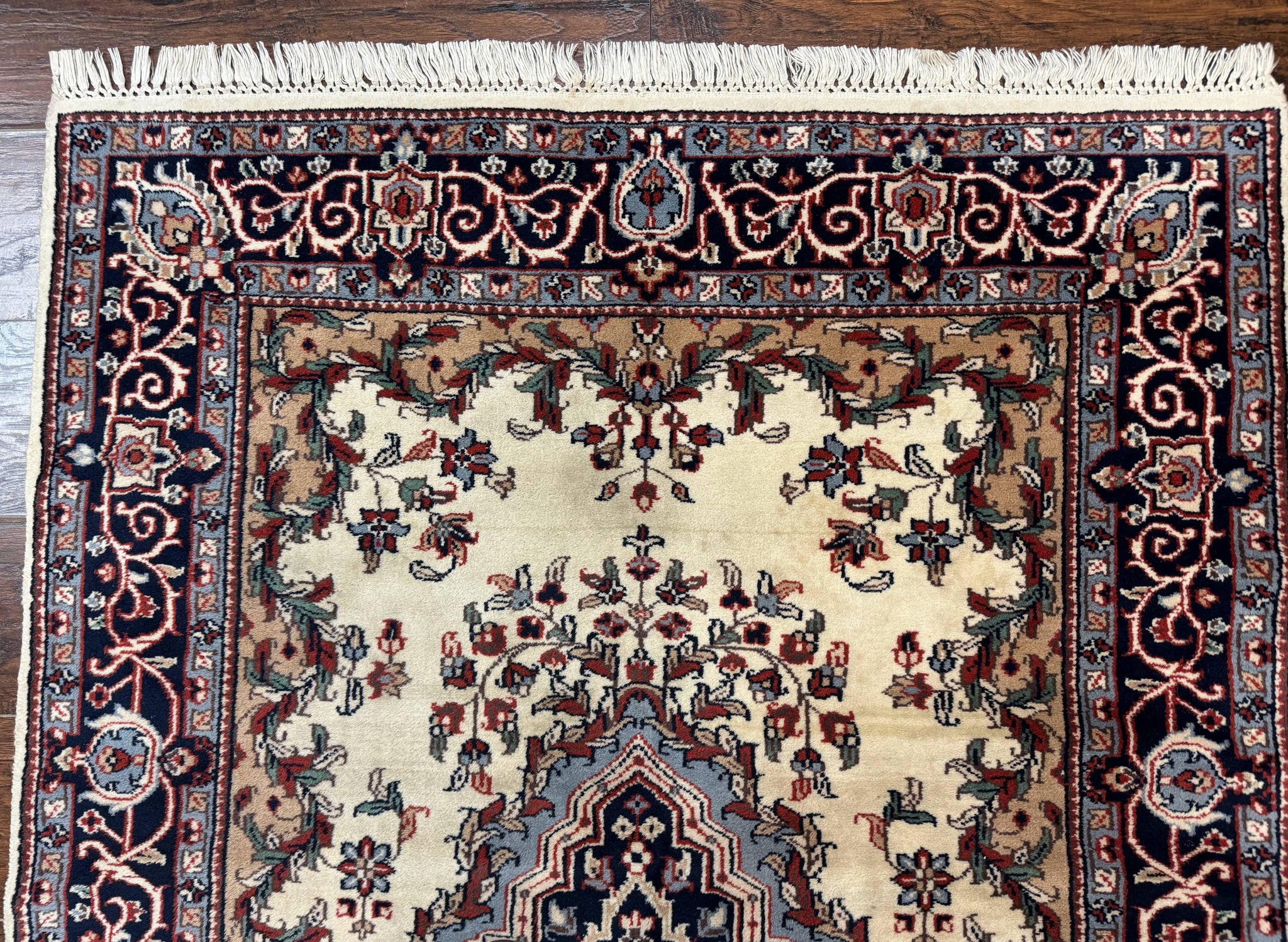 Indian Kashmiri Rug 4x6, Ivory Beige Navy Blue, Traditional Indo Persian Rug by Jewel Rugs