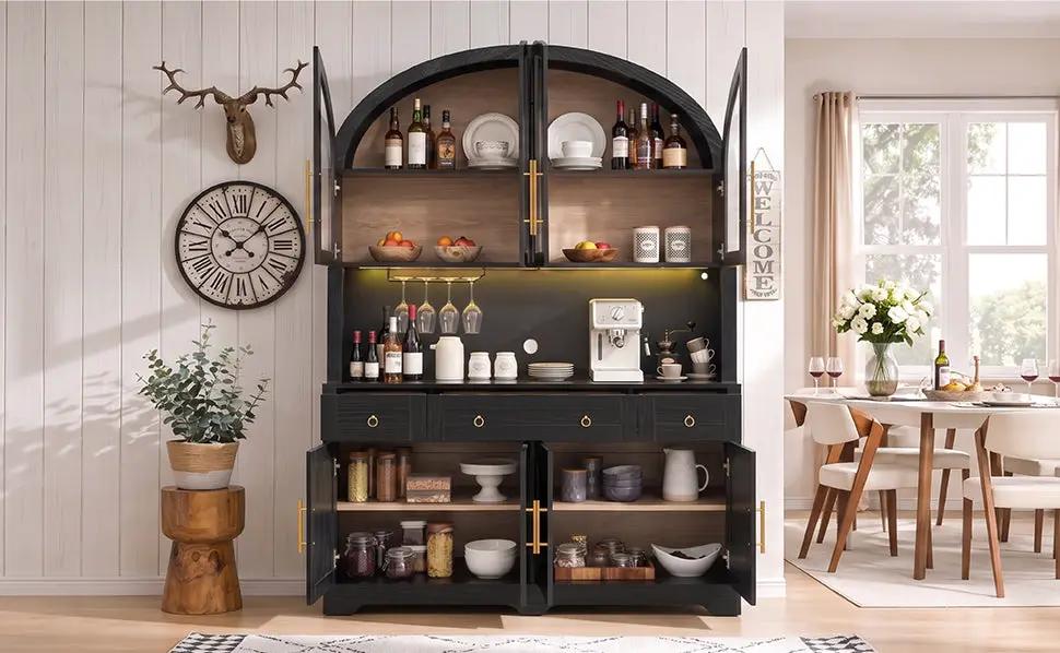 K&K 75.8" Tall Arched Kitchen Pantry Cabinet with LED & Charging Station by HouseOfZazla