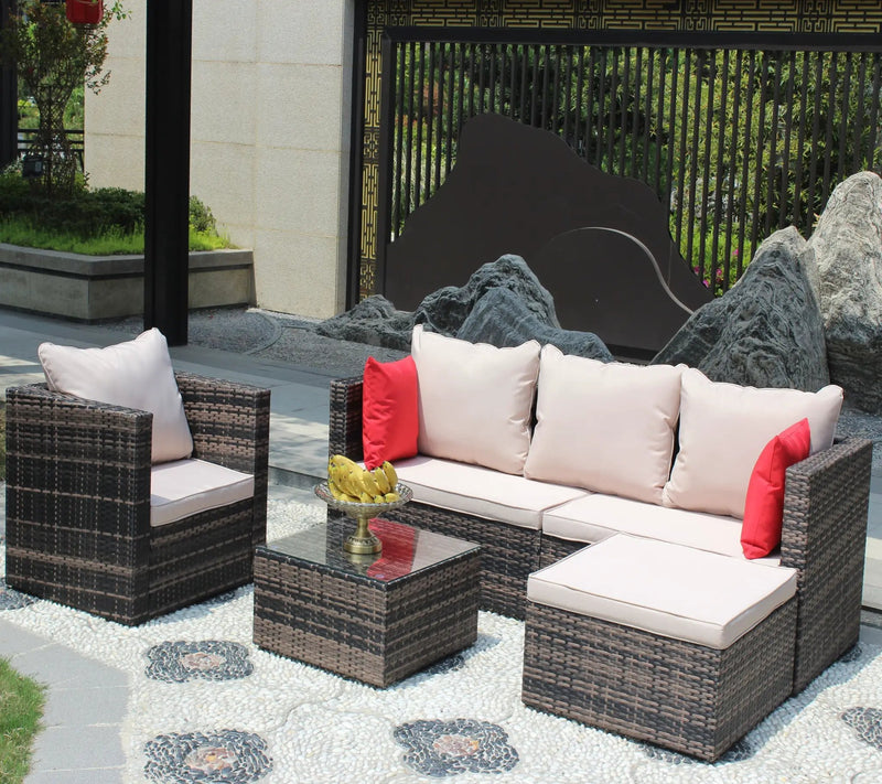 Rattan Patio Furniture Set Wicker Sofa Cushioned Sectional (4 Pieces, Brown) by HouseOfZazla