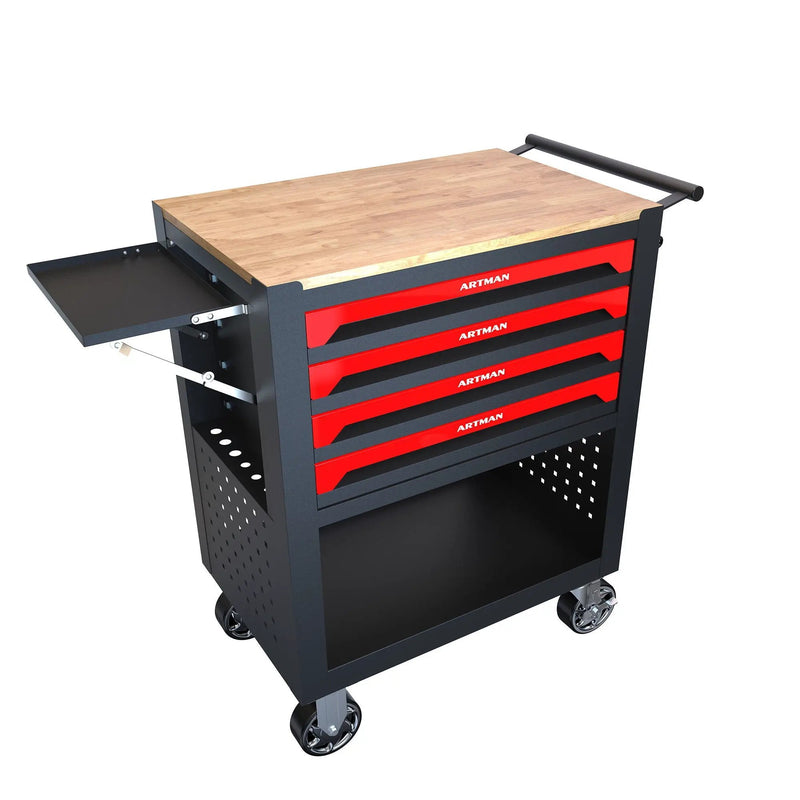 4 Drawers Multifunctional Tool Cart With Wheels And Wooden Top by HouseOfZazla