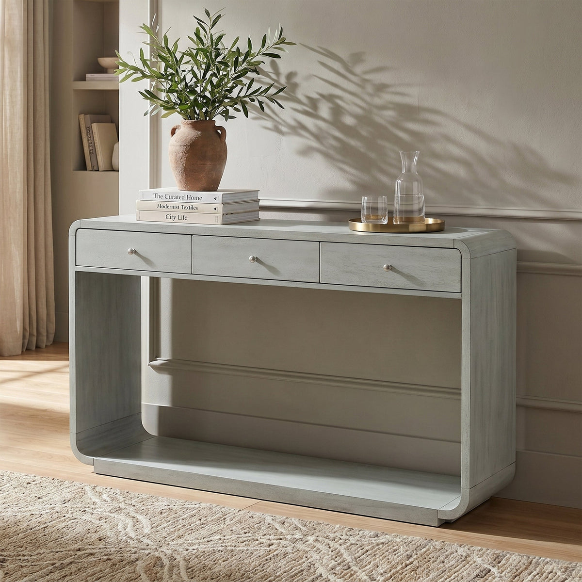 Antique-Style Console Table with 3 Storage Drawers - Blue, Natural, Beige