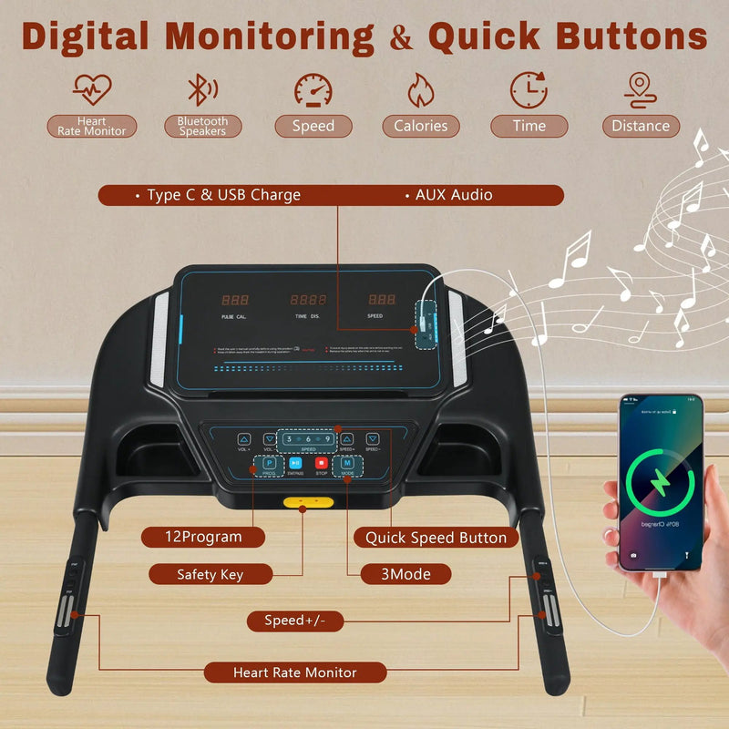 3.5Hp Hydraulic System Auto Foldable Treadmill With Incline, Heart Rate Sensors, Type C & USB Charge, Bluetooth Speaker - Black by HouseOfZazla