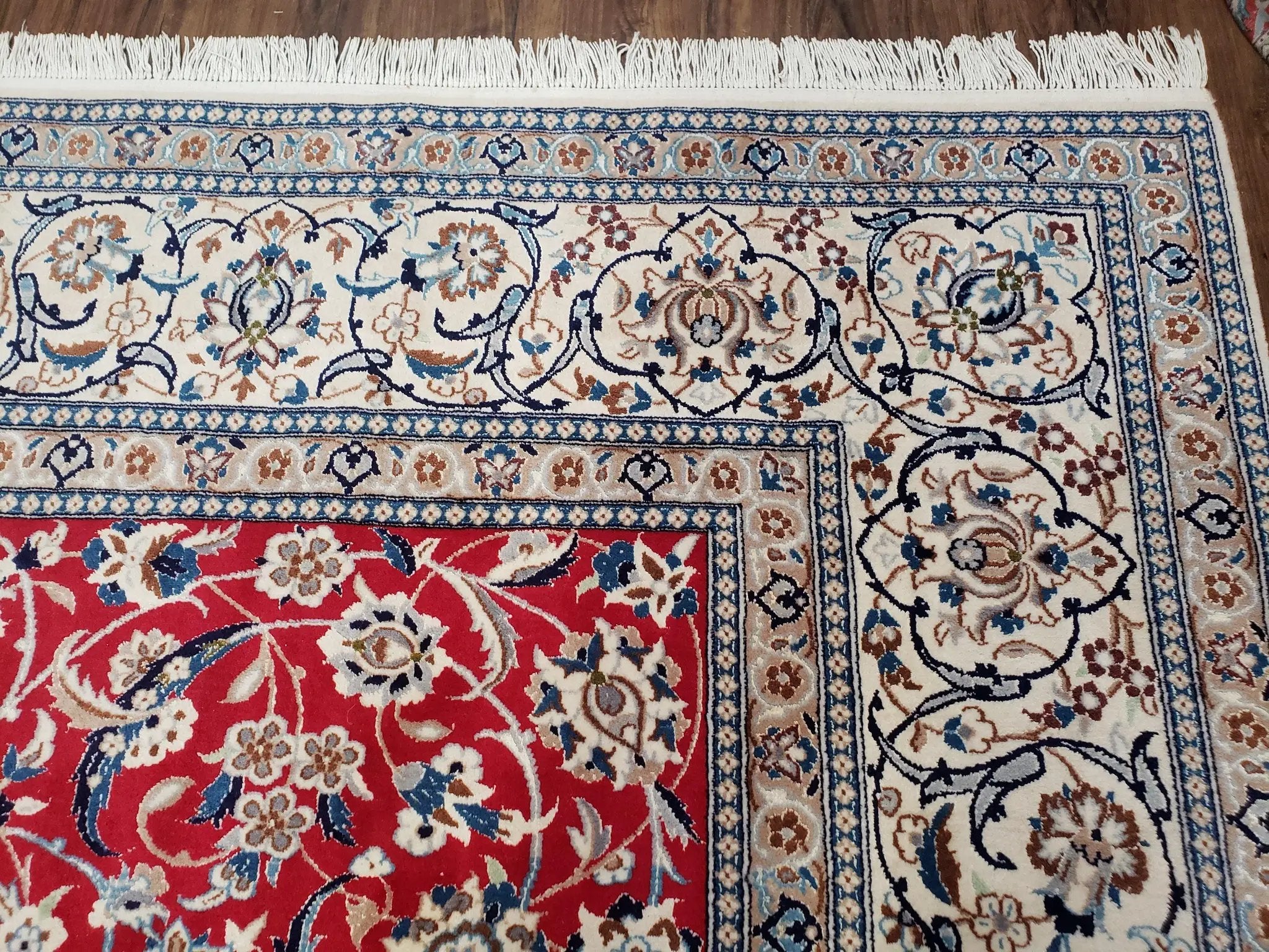Persian Nain Rug 8x12, Red and Ivory, Signed by Jewel Rugs