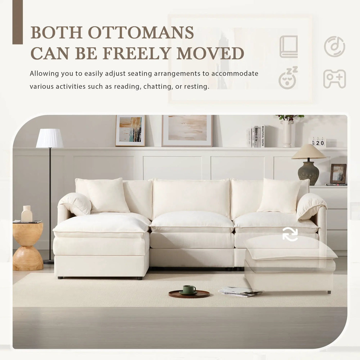 Modular Sectional With Deep And Wide Seat, Cloud Couch Set With Double Cushions Sofa With Movable Ottoman by Unique Piece Furniture
