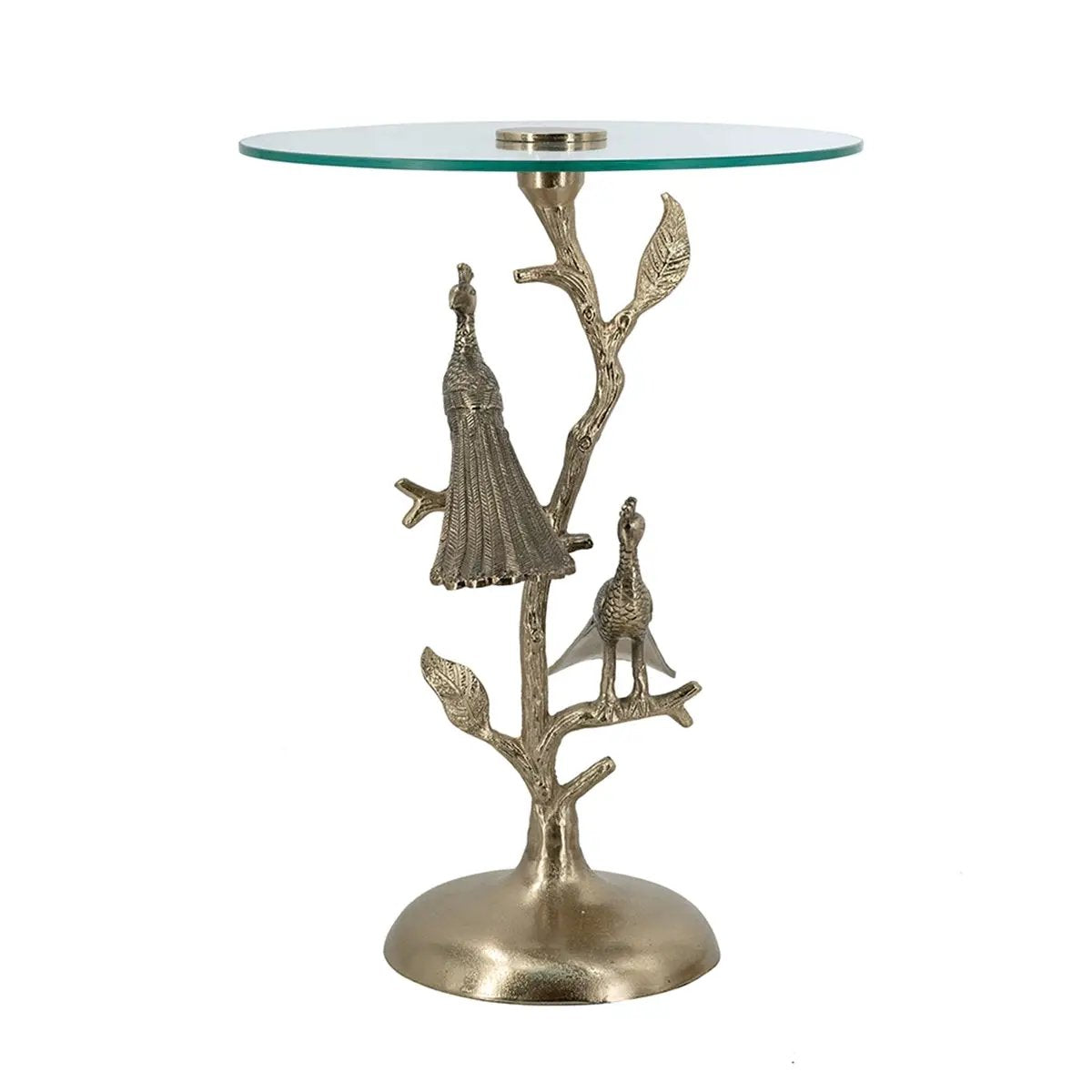 Gold Peacock Side Table with Round Glass Top by HouseOfZazla