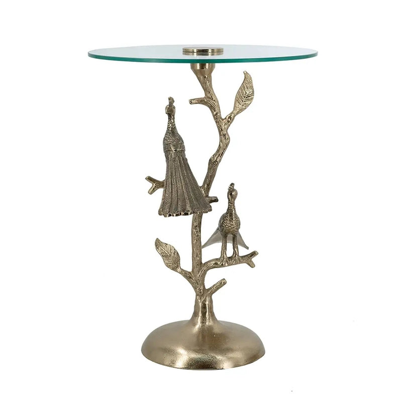Gold Peacock Side Table with Round Glass Top by HouseOfZazla