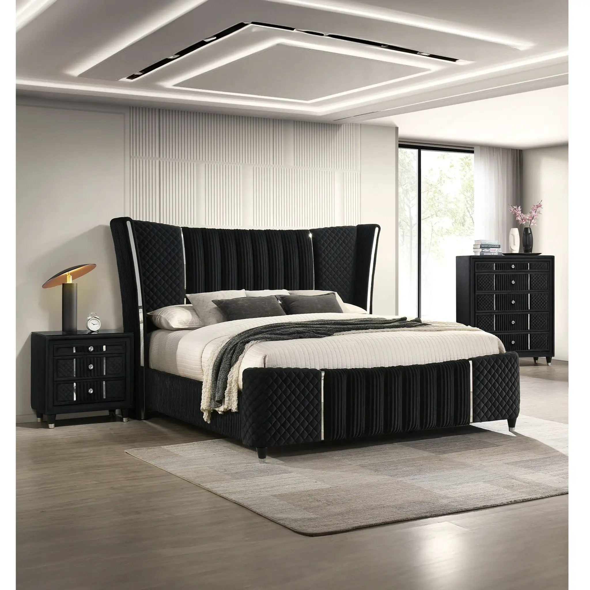 1 Piece Nightstand Upholstery Textured Look Luxurious Feel Drawer Fronts Crystal Style Knobs - Black