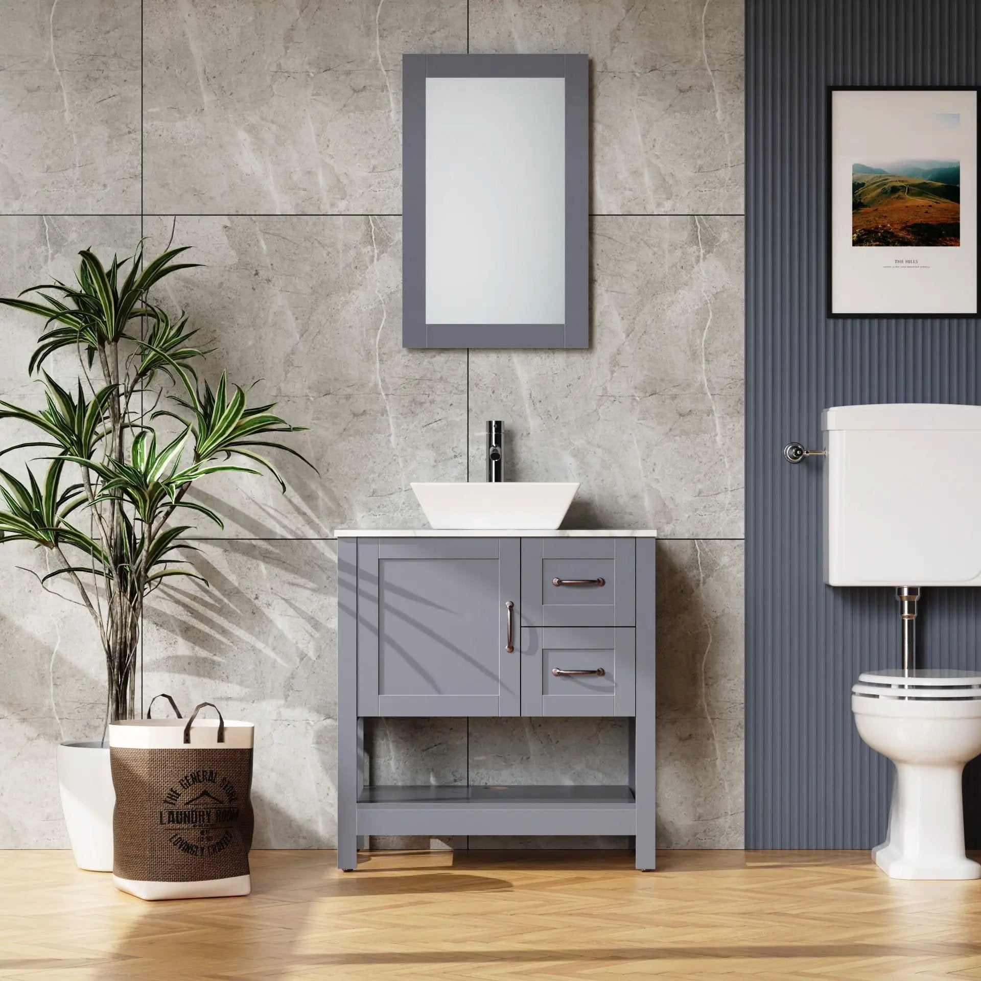 30" Gray Bathroom Vanity And Sink Combo Marble Pattern Top With Mirror Faucet & Drain - Gray by Unique Piece Furniture