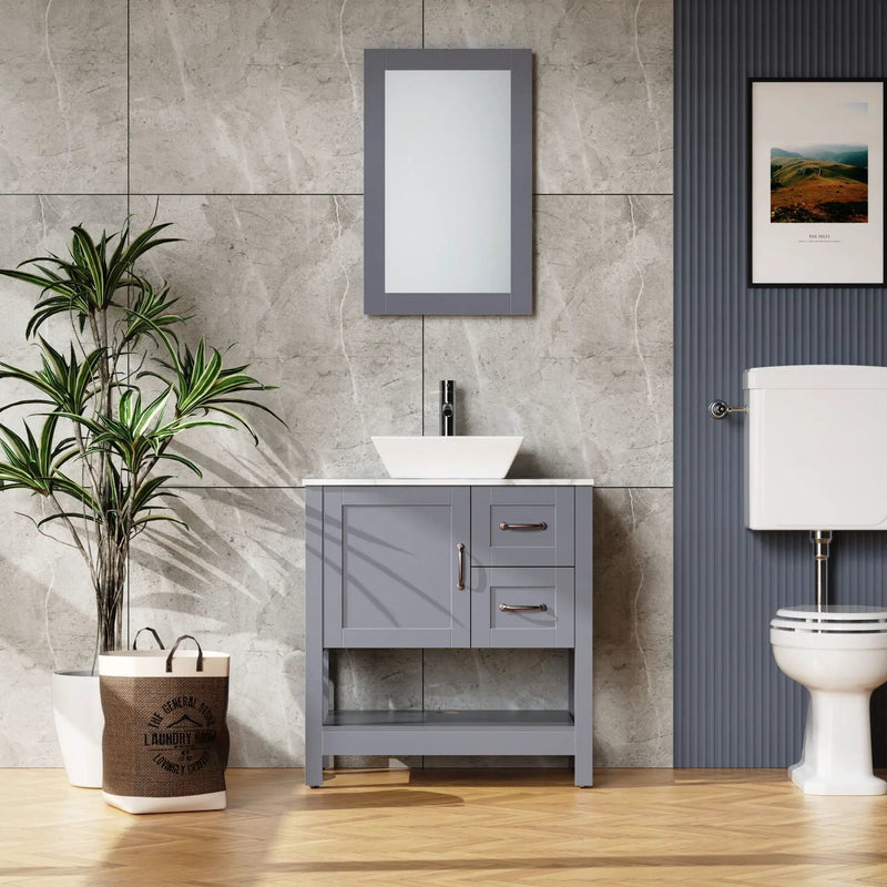 30" Gray Bathroom Vanity And Sink Combo Marble Pattern Top With Mirror Faucet & Drain - Gray by Unique Piece Furniture