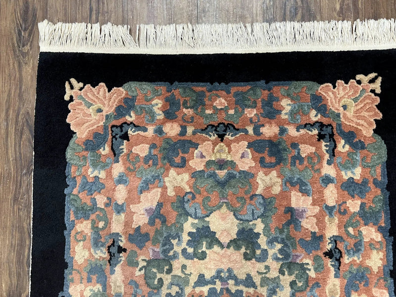 Chinese Art Deco Rug 3x5, Black and Beige Chinese Carpet 3 x 5, Vintage Rug, 1950s Rug, Floral Rug, Handmade Rug, Art Deco Rug, Wool Rug by Jewel Rugs