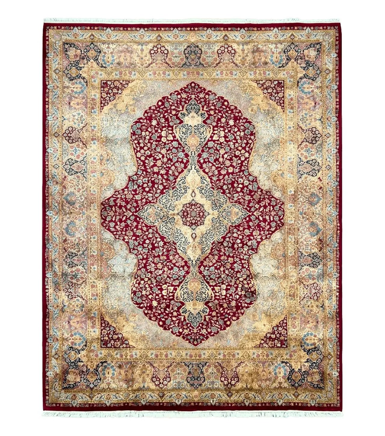 Persian Rug 9x12, Kirman DeLuxe, Millefleur Floral Medallion Carpet, Maroon Light Blue Beige, Semi Antique Authentic Hand Knotted Wool Rug by Jewel Rugs