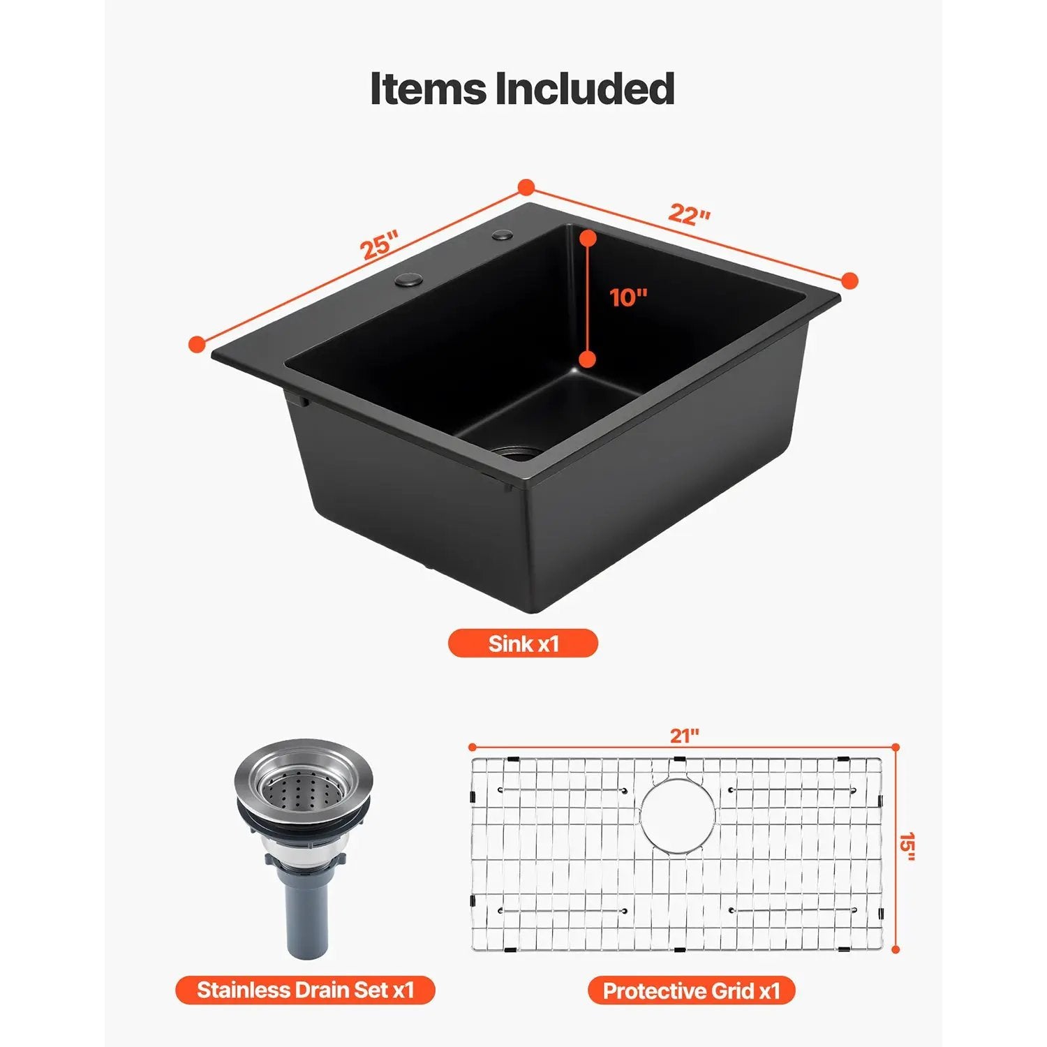 25 Inch Granite Kitchen Sink Top Mount Single Bowl Drop-In Basin for RV Bar by HouseOfZazla