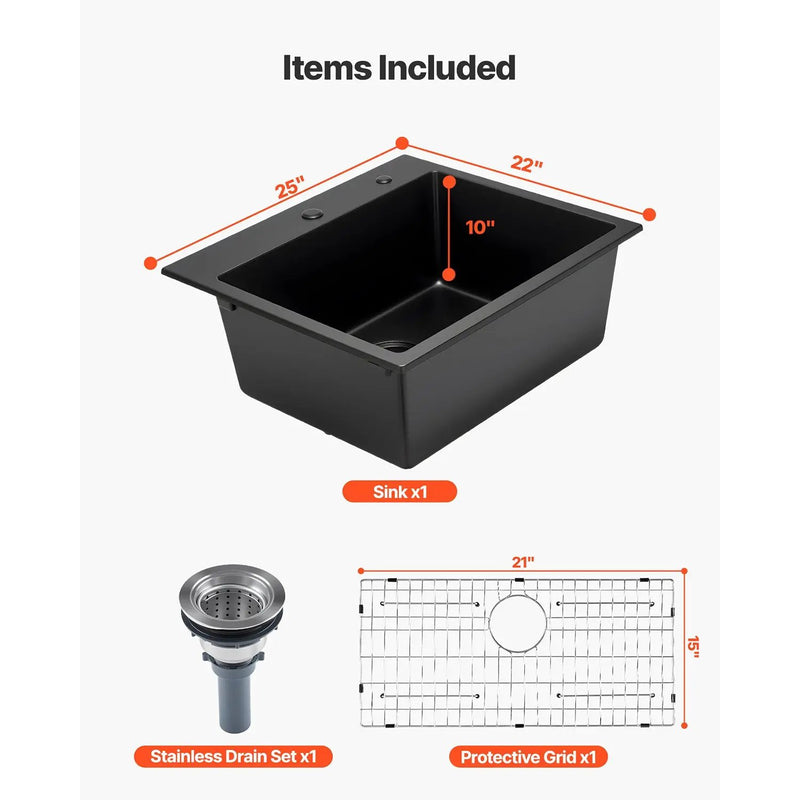 25 Inch Granite Kitchen Sink Top Mount Single Bowl Drop-In Basin for RV Bar by HouseOfZazla