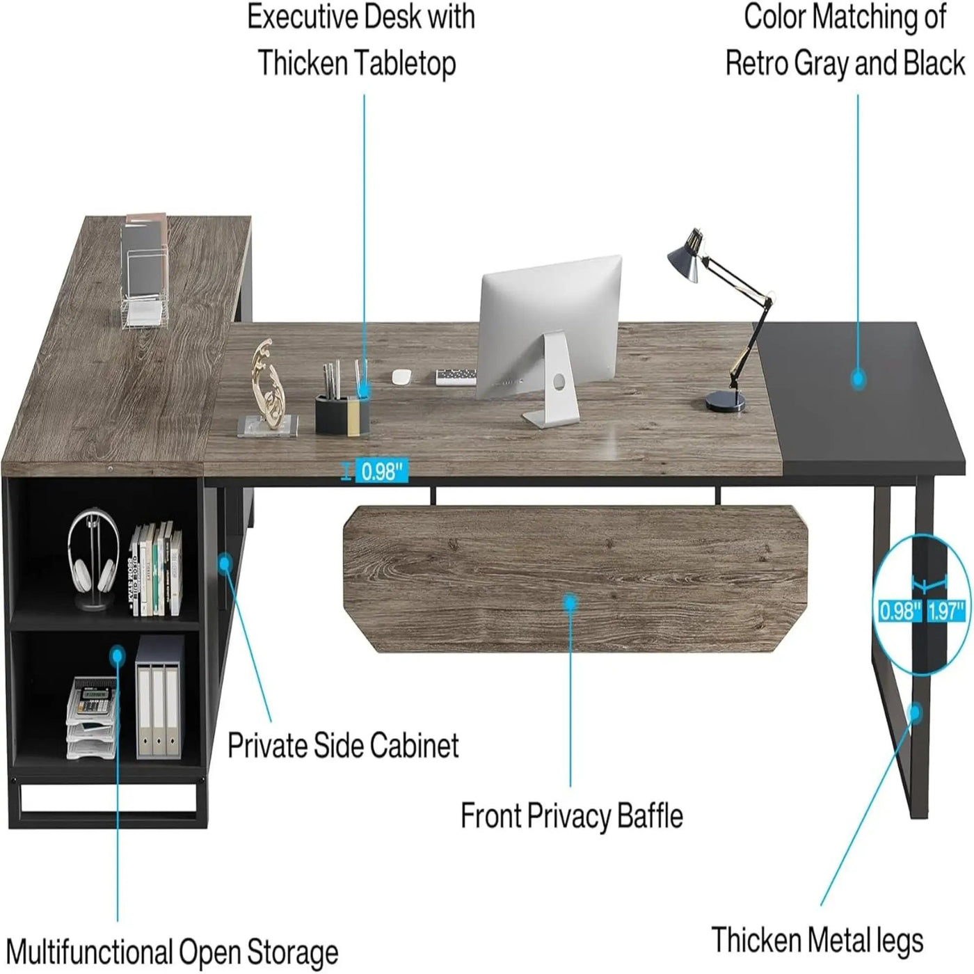 L-Shaped Executive Desk With File Cabinet, Computer Workstation With Storage by HouseOfZazla