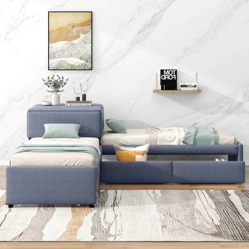 L Shaped Upholstered Platform Bed With Trundle And 2 Drawers Linked With Built In Desk by HouseOfZazla