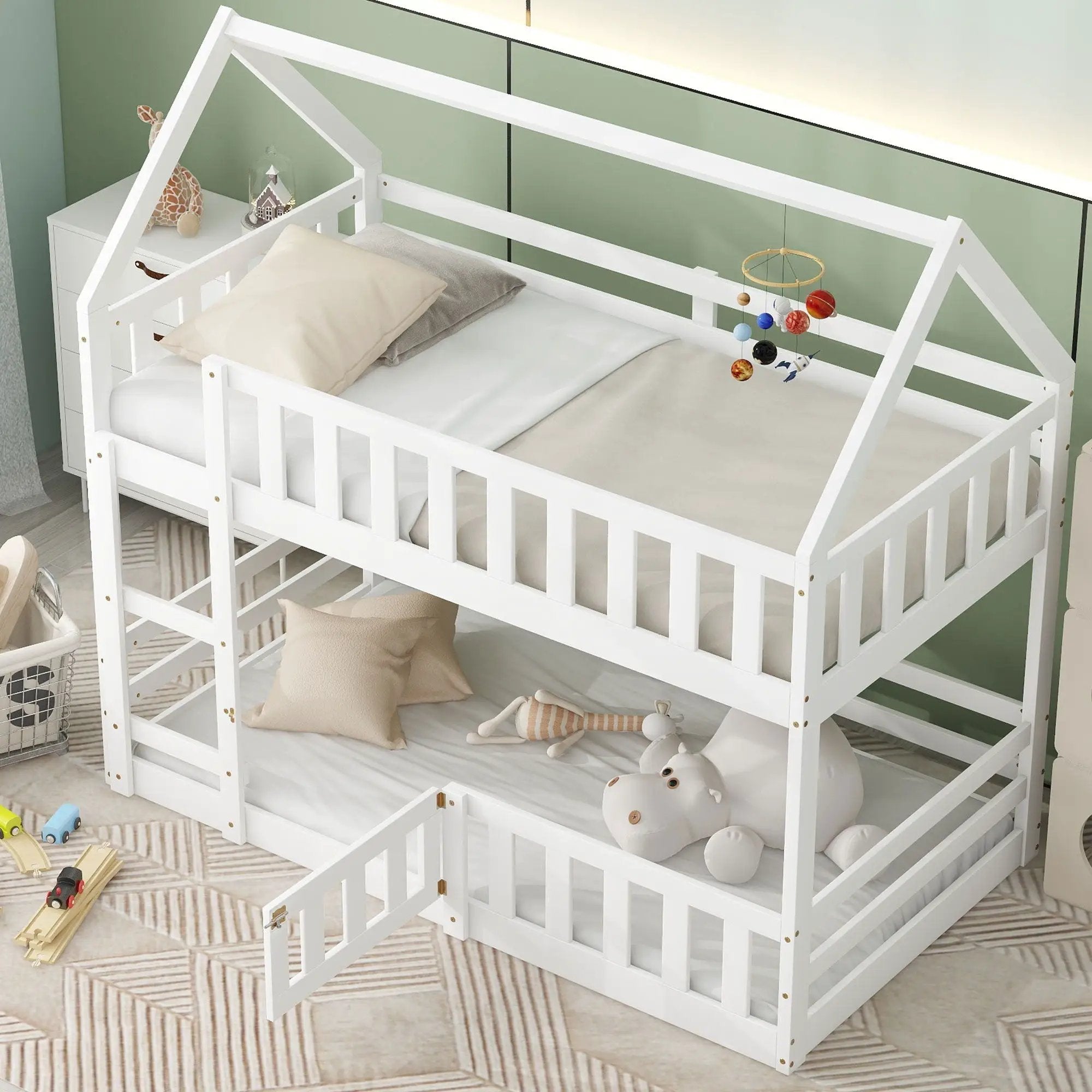 Twin Over Twin House Bunk Bed With Fence And Door by HouseOfZazla